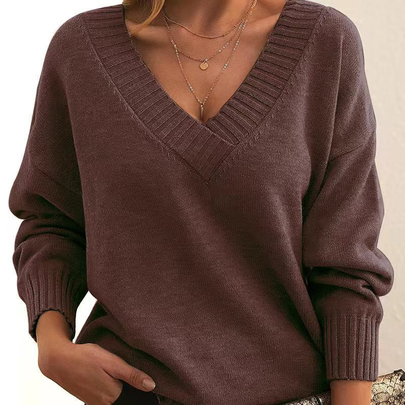 Solid V-neck Sweater Fashion Loose Long-sleeved Knitted Tops Autumn And Winter Women's Clothing - Fourth Pyramid USA