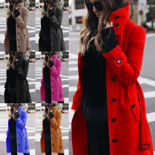 Autumn Winter New Woolen Coat Women's Slim Fit Cardigan Large Coat Women Long Sleeve Single Breasted Stand Collar Woolen Coat - Fourth Pyramid USA