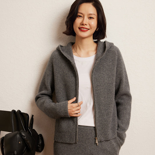 Women's Cashmere Hooded Zip Cardigan Sweater - Fourth Pyramid USA