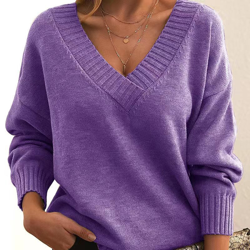 Solid V-neck Sweater Fashion Loose Long-sleeved Knitted Tops Autumn And Winter Women's Clothing - Fourth Pyramid USA