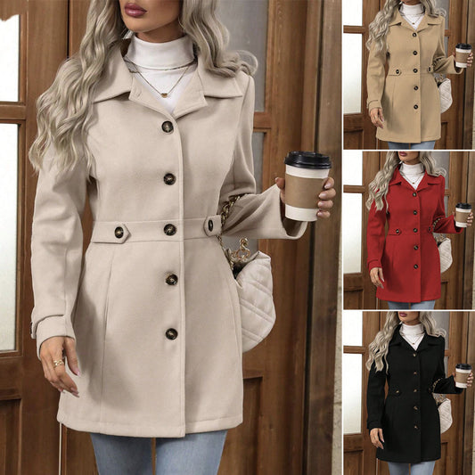 Elegant Single-breasted Woolen Coat Buttons Lapel Mid-length Jacket Temperament Commuter Outwear Clothing For Women - Fourth Pyramid USA