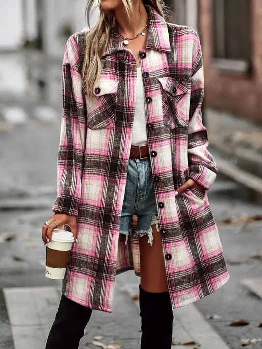 Vintage Plaid Long Cardigan Shirt Jacket - Fourth Pyramid USA