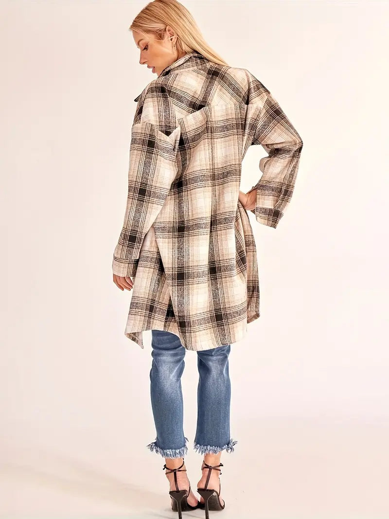 Vintage Plaid Long Cardigan Shirt Jacket - Fourth Pyramid USA
