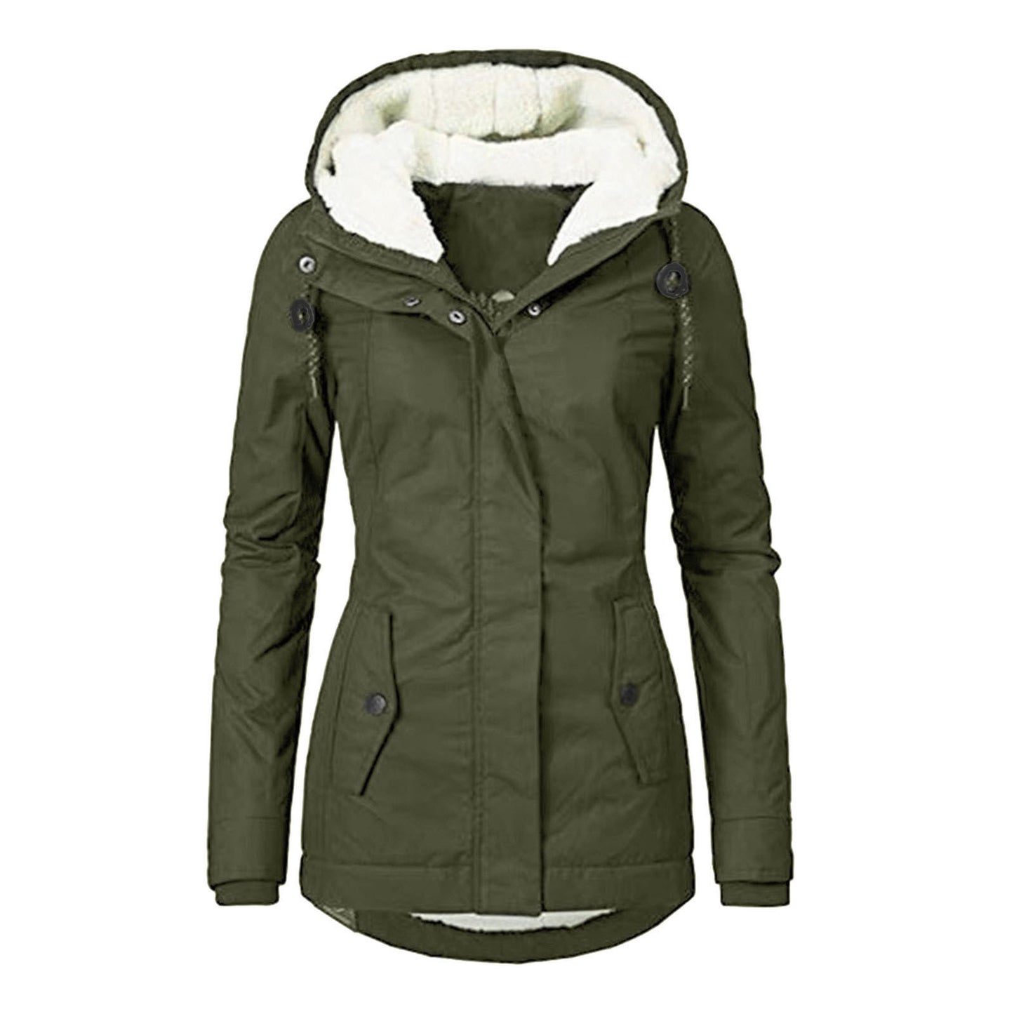 Winter Hooded Jacket Solid Color Warm Buckle Zip-up Fleece Jacket With Pockets Women's Casual Jacket - Fourth Pyramid USA