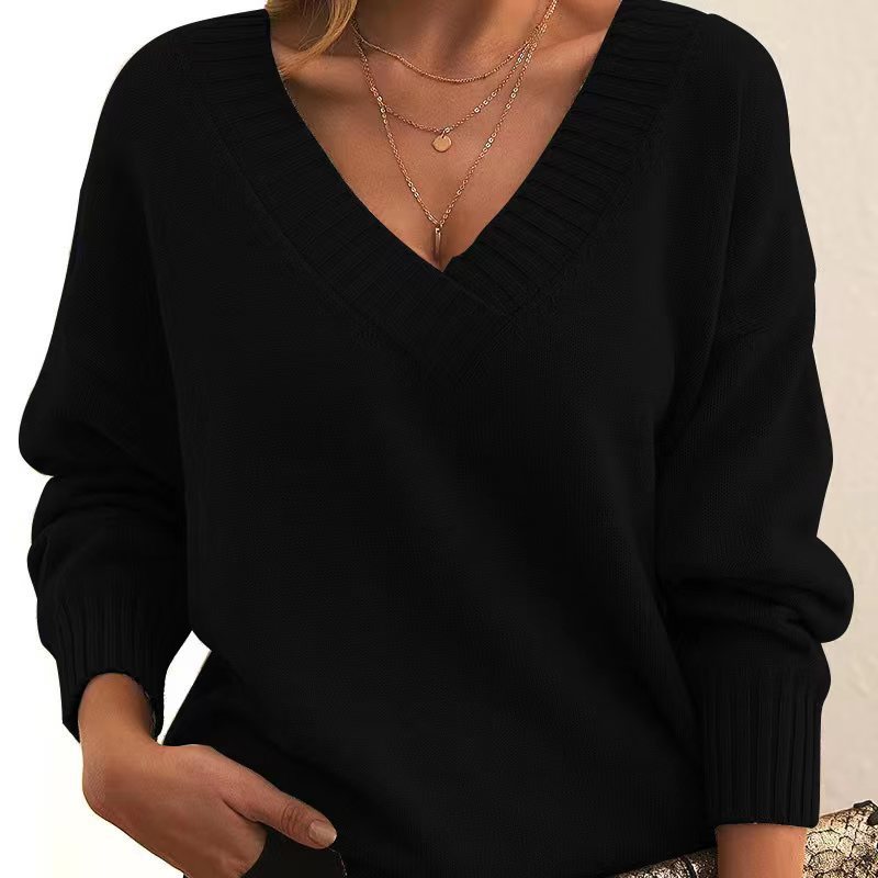 Solid V-neck Sweater Fashion Loose Long-sleeved Knitted Tops Autumn And Winter Women's Clothing - Fourth Pyramid USA