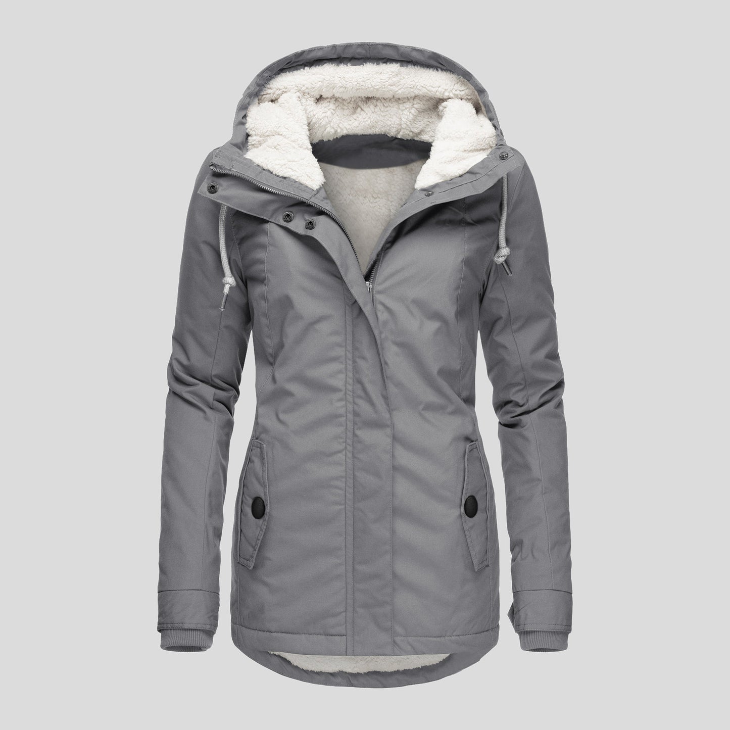 Winter Hooded Jacket Solid Color Warm Buckle Zip-up Fleece Jacket With Pockets Women's Casual Jacket - Fourth Pyramid USA