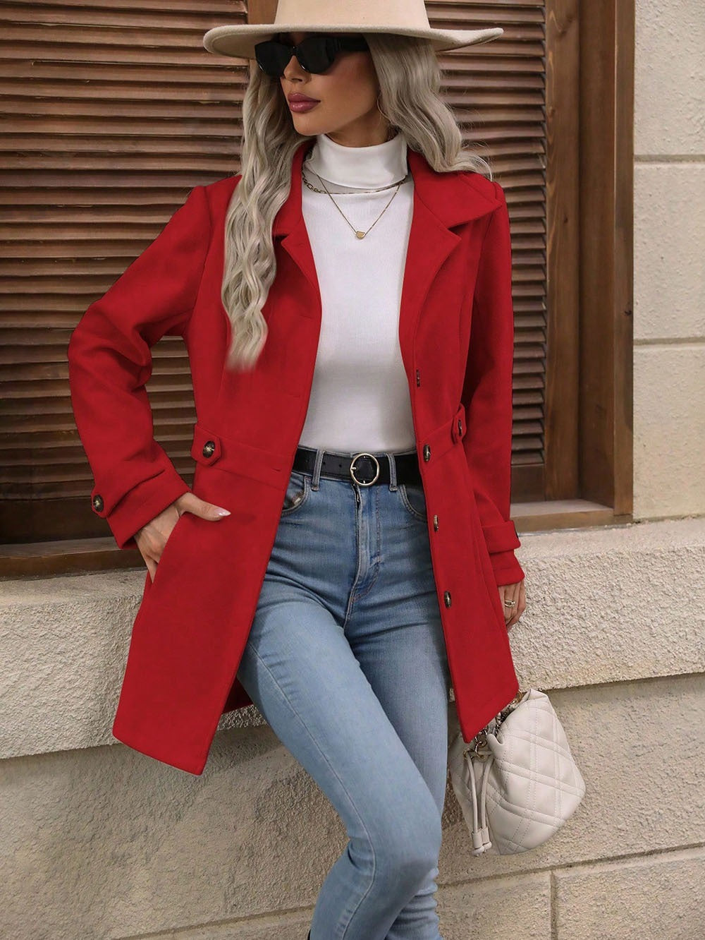 Elegant Single-breasted Woolen Coat Buttons Lapel Mid-length Jacket Temperament Commuter Outwear Clothing For Women - Fourth Pyramid USA