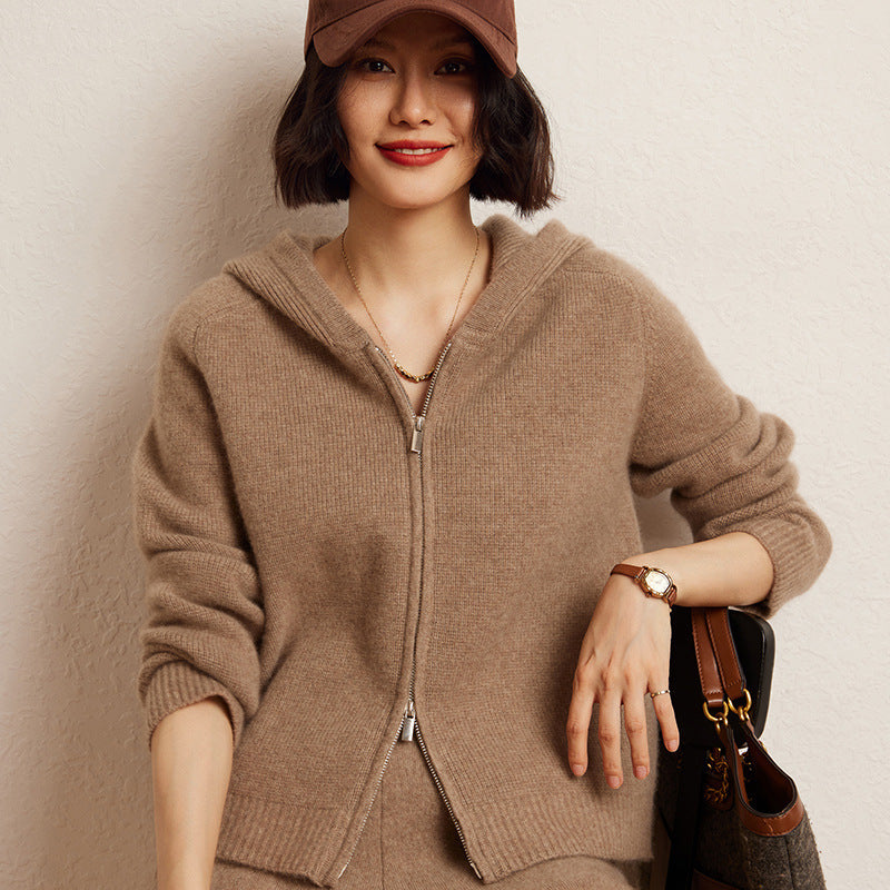 Women's Cashmere Hooded Zip Cardigan Sweater - Fourth Pyramid USA