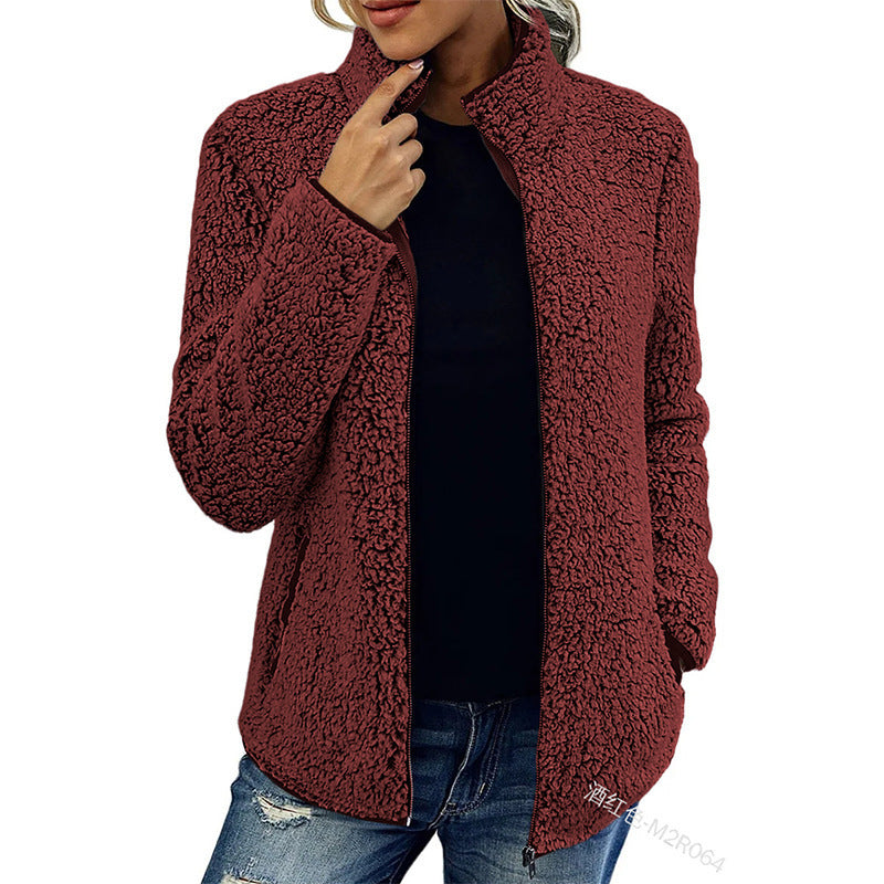 Fall Winter Warm Sweatshirt Stand Collar Solid Color Top Sweater Women's Casual Fashion Long Sleeve Zipper Bubble Velvet Coat Tops - Fourth Pyramid USA
