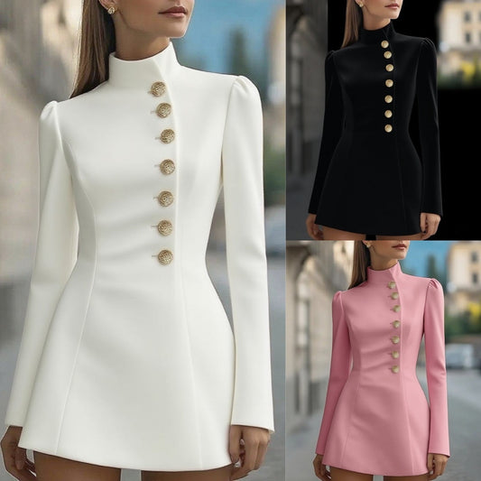 Slim-fit Solid Color Short Sleeve Stand Collar Single-breasted Dress