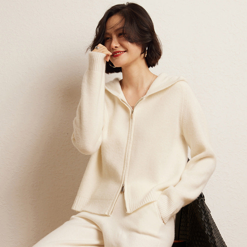 Women's Cashmere Hooded Zip Cardigan Sweater - Fourth Pyramid USA