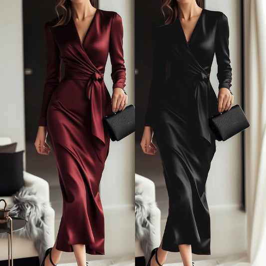 Fashionable Lady Satin Lace-up Waist Dress