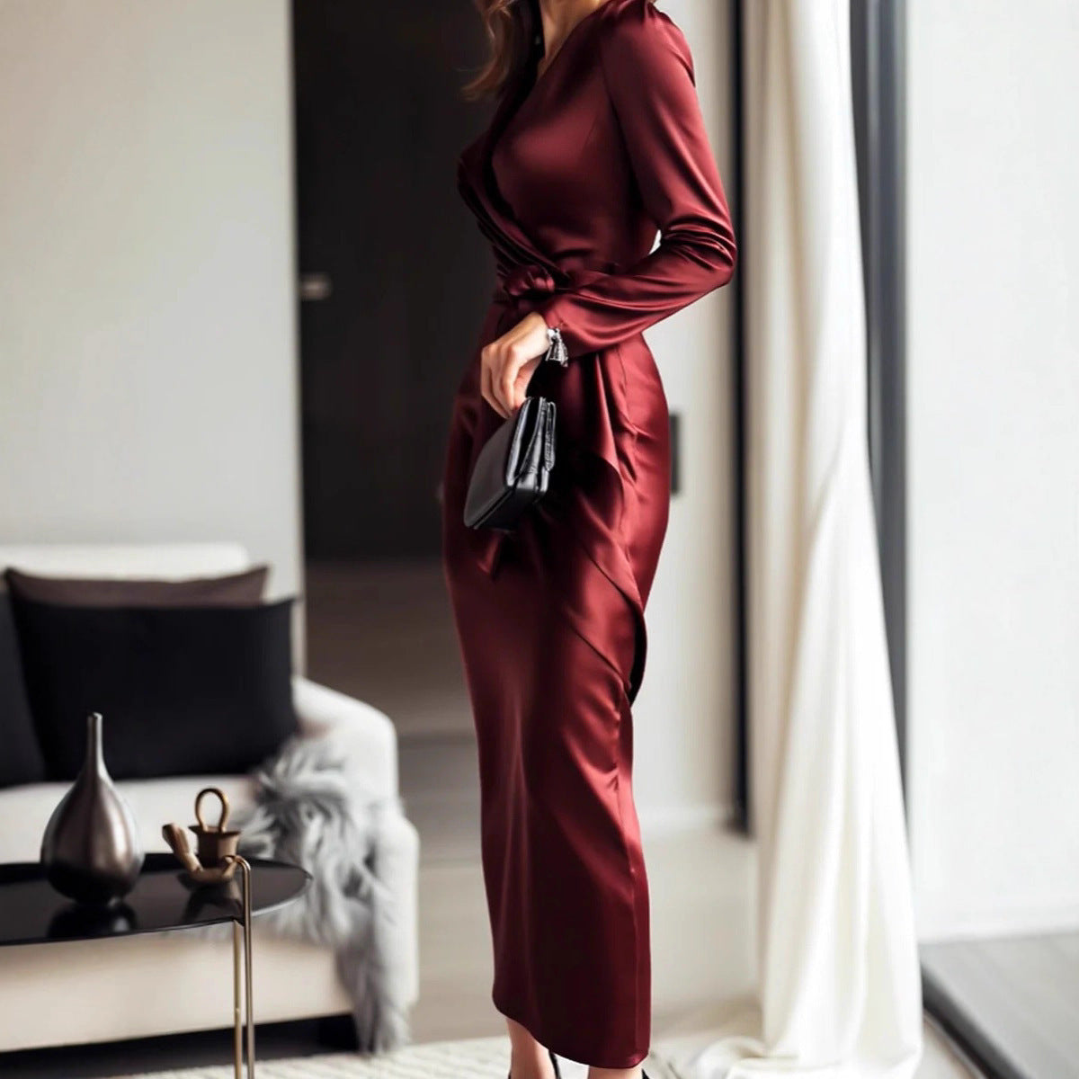 Fashionable Lady Satin Lace-up Waist Dress