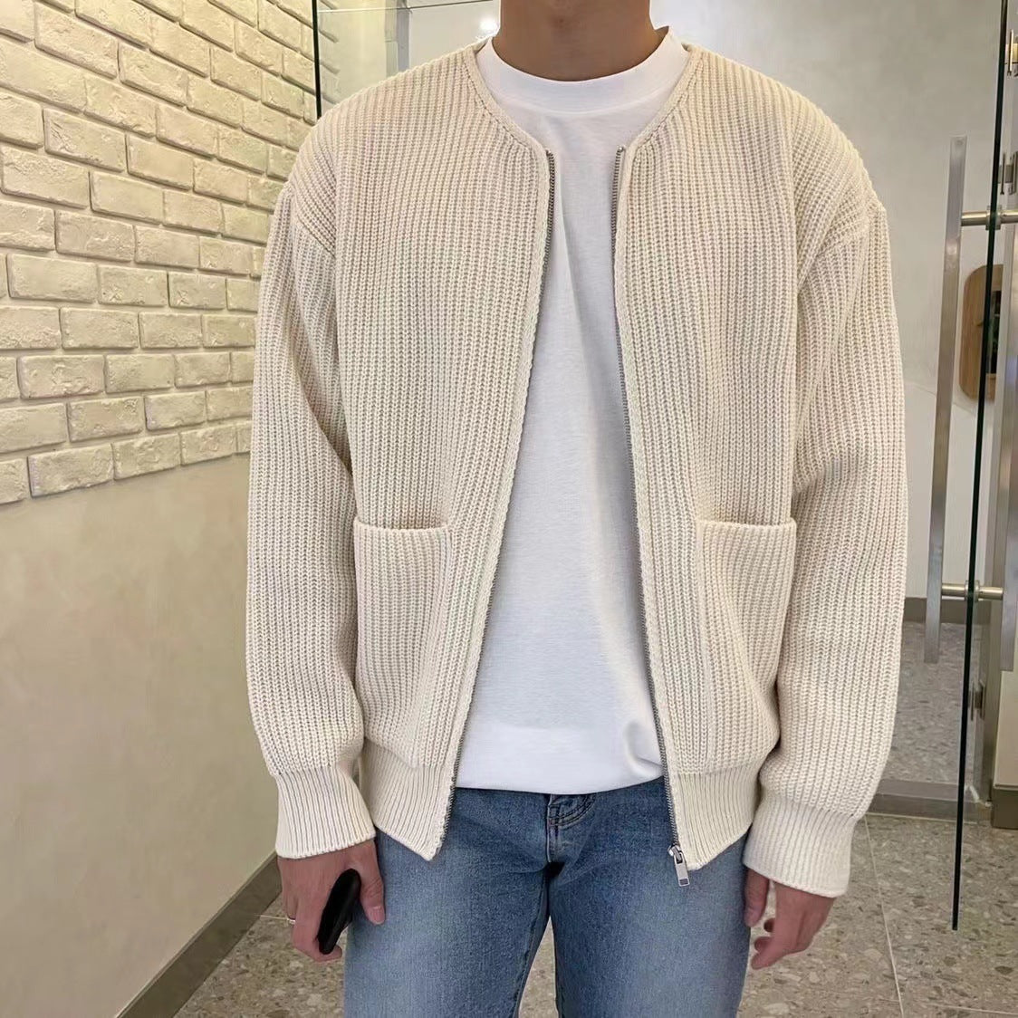Men Zip Up Knitted Cardigan Lined Funnel Neck Jumper Sweater Pockets Coat All Seasons Comfortable Soft Long Sleeve - Fourth Pyramid USA