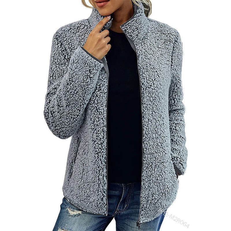 Fall Winter Warm Sweatshirt Stand Collar Solid Color Top Sweater Women's Casual Fashion Long Sleeve Zipper Bubble Velvet Coat Tops - Fourth Pyramid USA