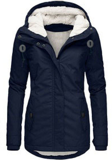 Winter Hooded Jacket Solid Color Warm Buckle Zip-up Fleece Jacket With Pockets Women's Casual Jacket - Fourth Pyramid USA