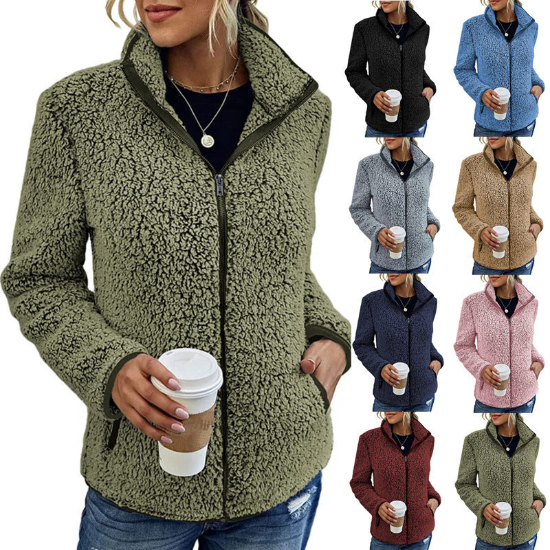 Fall Winter Warm Sweatshirt Stand Collar Solid Color Top Sweater Women's Casual Fashion Long Sleeve Zipper Bubble Velvet Coat Tops - Fourth Pyramid USA