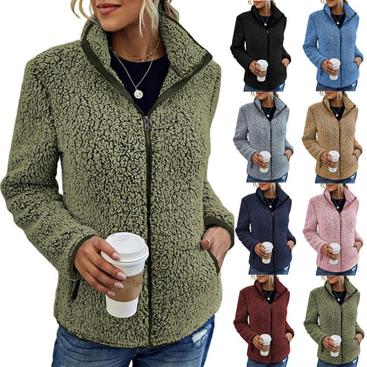 Fall Winter Warm Sweatshirt Stand Collar Solid Color Top Sweater Women's Casual Fashion Long Sleeve Zipper Bubble Velvet Coat Tops - Fourth Pyramid USA