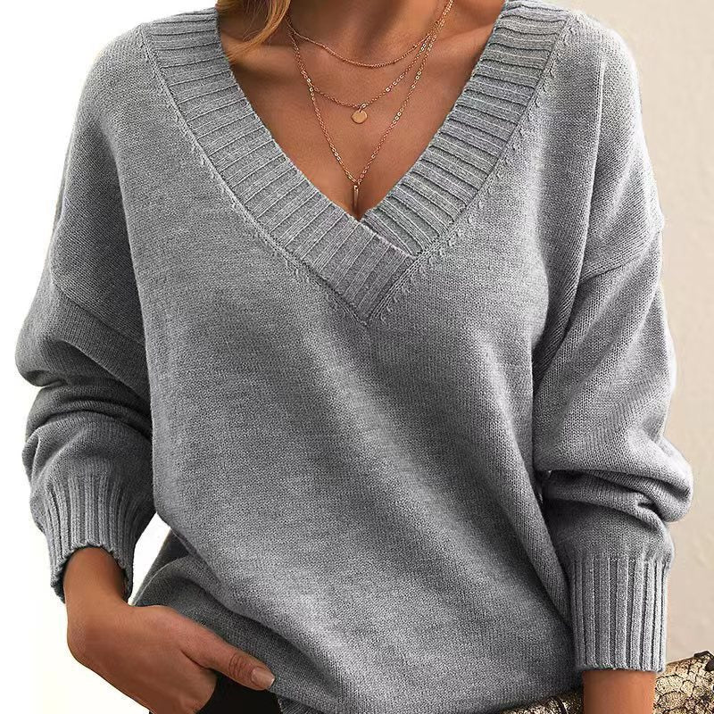Solid V-neck Sweater Fashion Loose Long-sleeved Knitted Tops Autumn And Winter Women's Clothing - Fourth Pyramid USA
