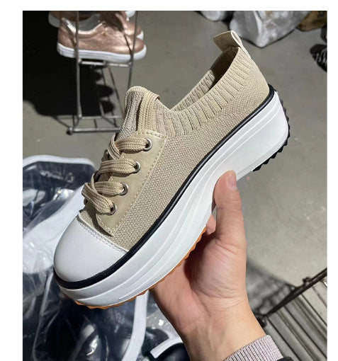 Casual Round Toe Flat Shoes Lace-up Sneakers Thick Bottom Platform Shoes