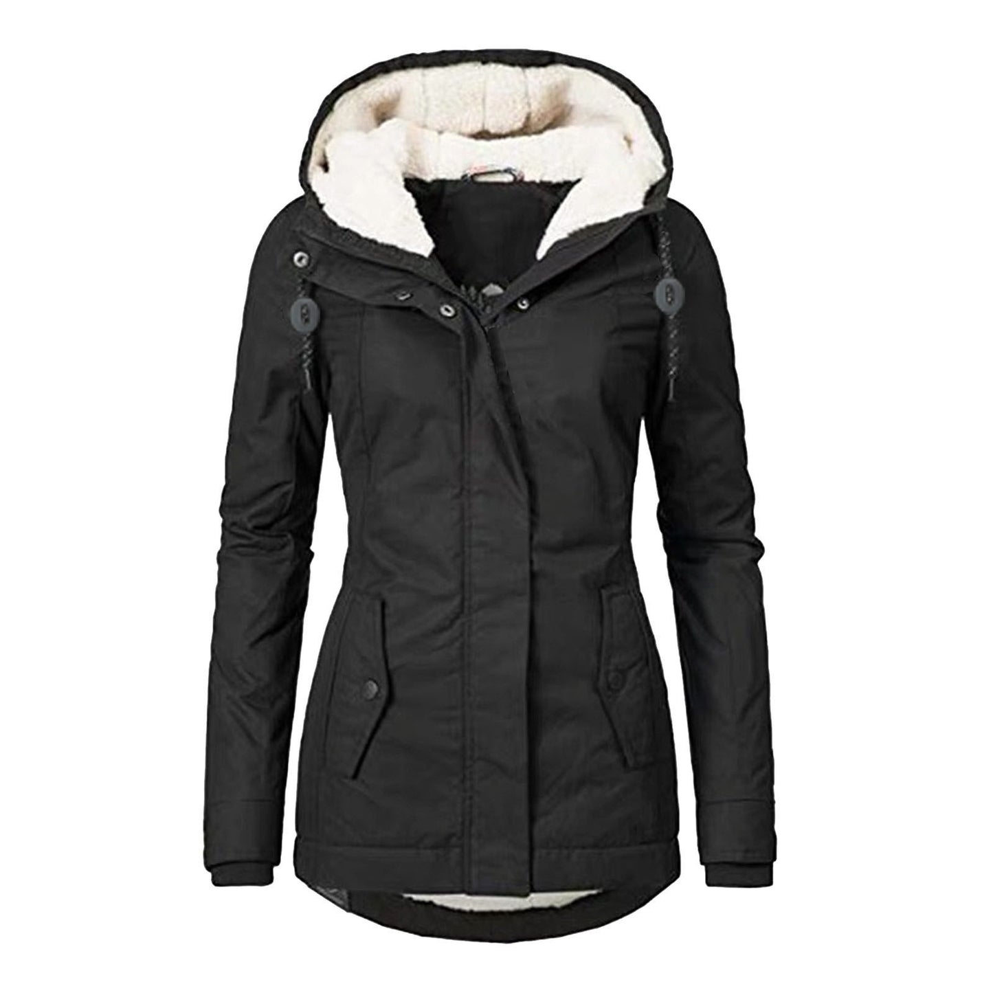 Winter Hooded Jacket Solid Color Warm Buckle Zip-up Fleece Jacket With Pockets Women's Casual Jacket - Fourth Pyramid USA