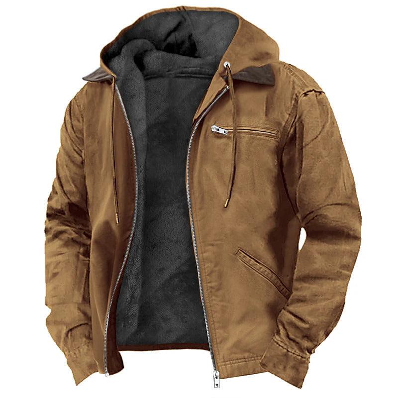 Winter Hooded Coat With Pockets Fashion Warm Fleece Zip-up Jacket Casual Outwear Men's Clothing - Fourth Pyramid USA
