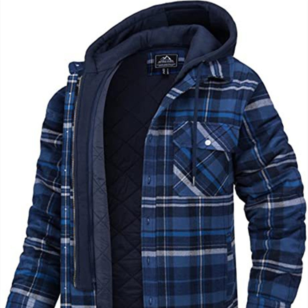 Men's Plaid Hooded Coat Winter Warm Button Zip-up Jacket Fashion Casual Thick Padded Long Sleeves Outerwear Clothing - Fourth Pyramid USA