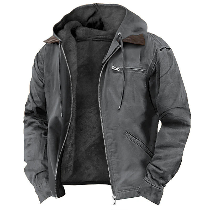 Winter Hooded Coat With Pockets Fashion Warm Fleece Zip-up Jacket Casual Outwear Men's Clothing - Fourth Pyramid USA