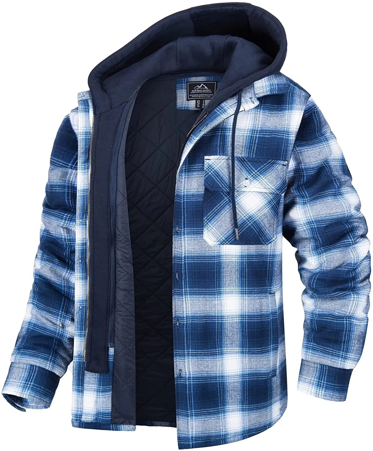Men's Plaid Hooded Coat Winter Warm Button Zip-up Jacket Fashion Casual Thick Padded Long Sleeves Outerwear Clothing - Fourth Pyramid USA