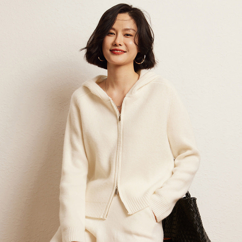 Women's Cashmere Hooded Zip Cardigan Sweater - Fourth Pyramid USA