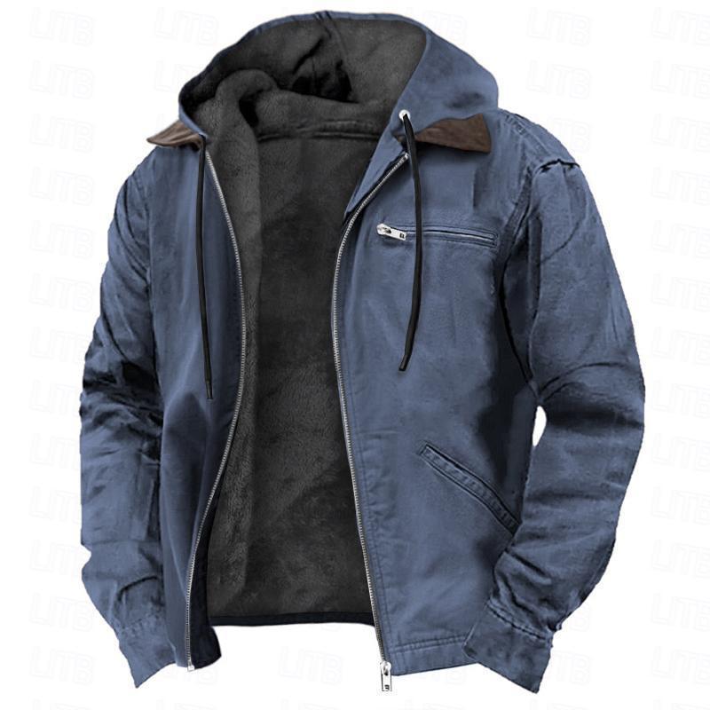 Winter Hooded Coat With Pockets Fashion Warm Fleece Zip-up Jacket Casual Outwear Men's Clothing - Fourth Pyramid USA