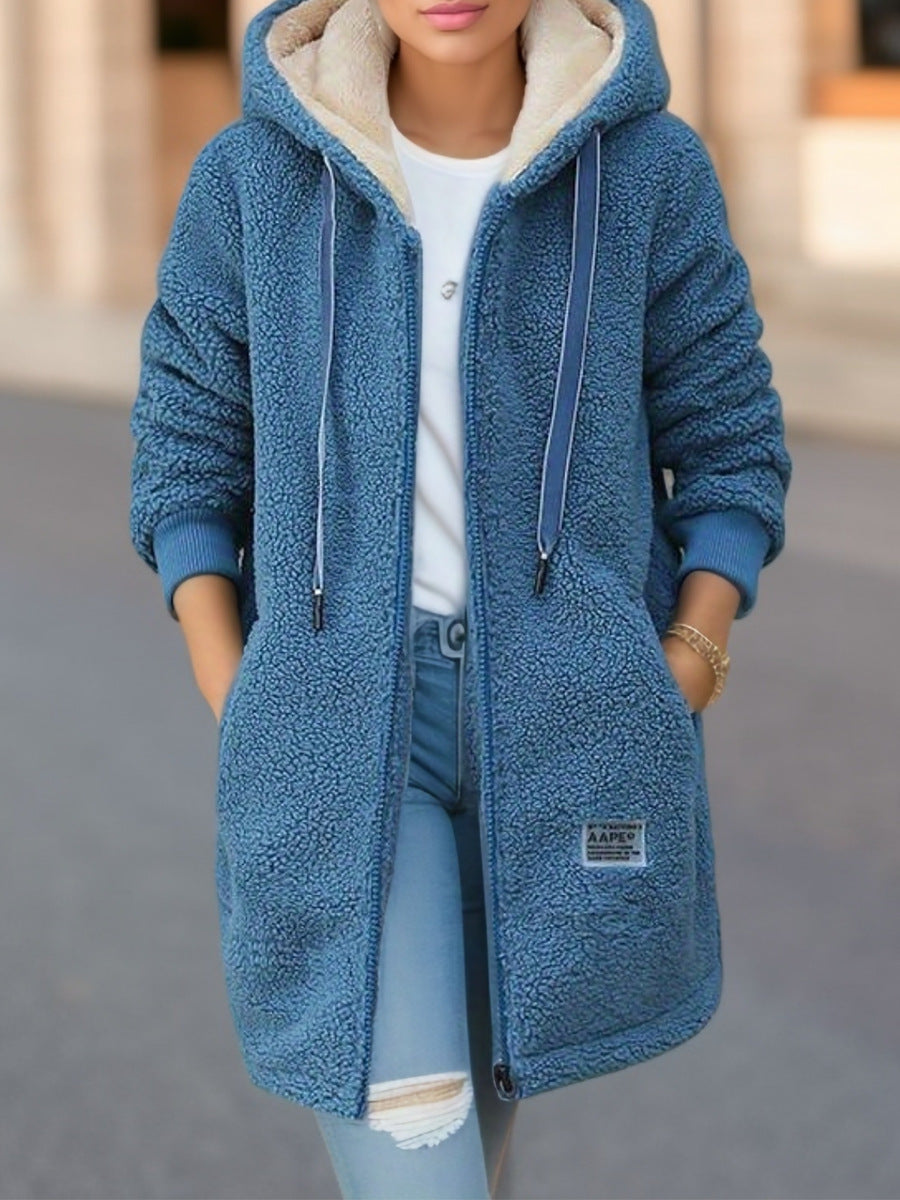 Winter Fleece Hooded Jacket Fashion Casual Zip-up Pockets Long Sweatshirt Warm Commuter Women's Clothing - Fourth Pyramid USA