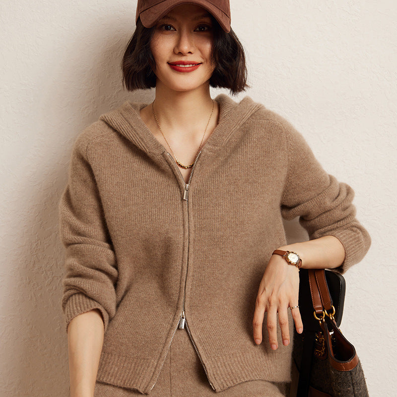 Women's Cashmere Hooded Zip Cardigan Sweater - Fourth Pyramid USA