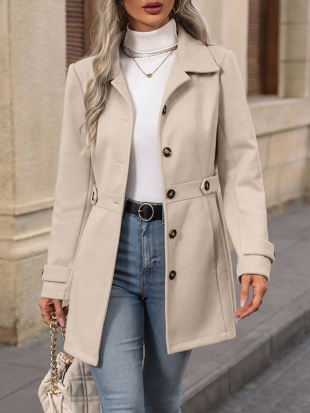 Elegant Single-breasted Woolen Coat Buttons Lapel Mid-length Jacket Temperament Commuter Outwear Clothing For Women - Fourth Pyramid USA