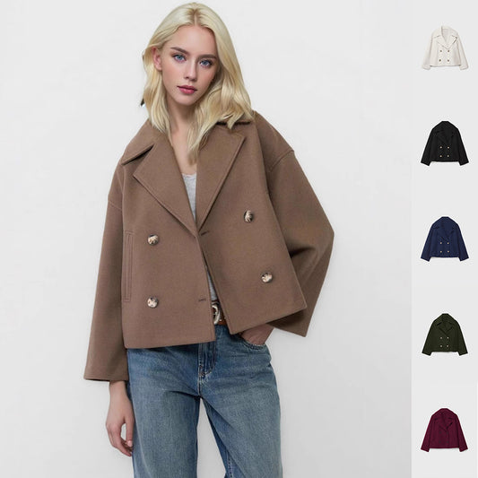 Ins Double-breasted Lapel Blazer Jacket Fashion Loose Woolen Short Coat Elegant Commuting Women's Clothing - Fourth Pyramid USA