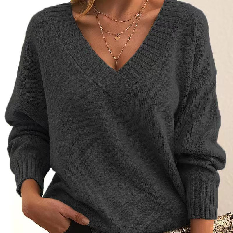 Solid V-neck Sweater Fashion Loose Long-sleeved Knitted Tops Autumn And Winter Women's Clothing - Fourth Pyramid USA