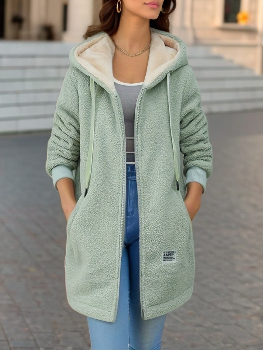 Winter Fleece Hooded Jacket Fashion Casual Zip-up Pockets Long Sweatshirt Warm Commuter Women's Clothing - Fourth Pyramid USA