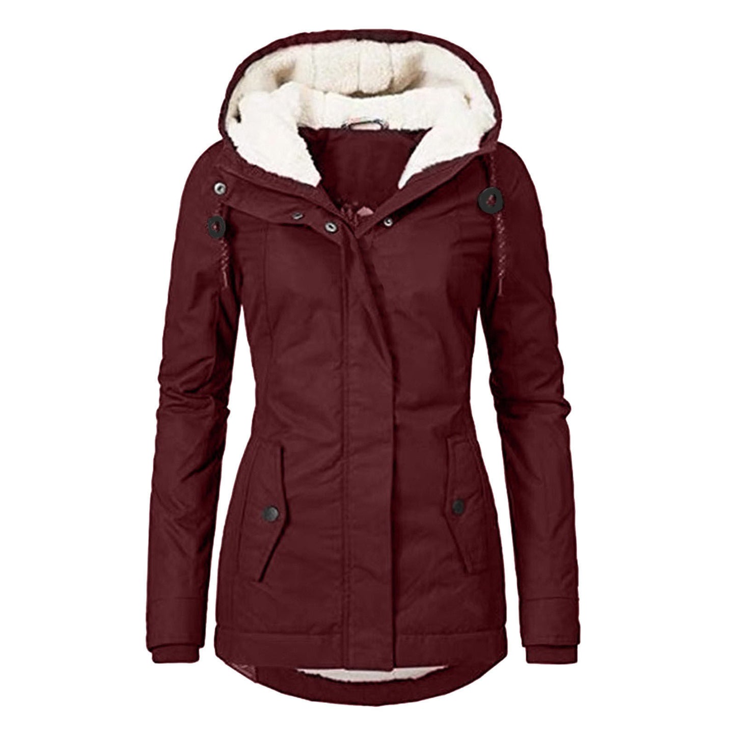 Winter Hooded Jacket Solid Color Warm Buckle Zip-up Fleece Jacket With Pockets Women's Casual Jacket - Fourth Pyramid USA