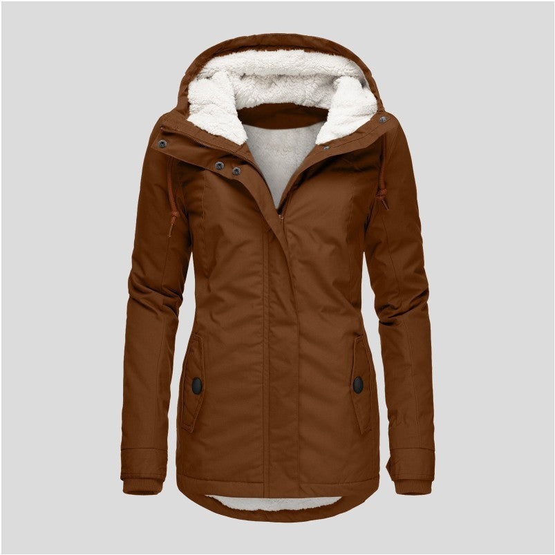 Winter Hooded Jacket Solid Color Warm Buckle Zip-up Fleece Jacket With Pockets Women's Casual Jacket - Fourth Pyramid USA