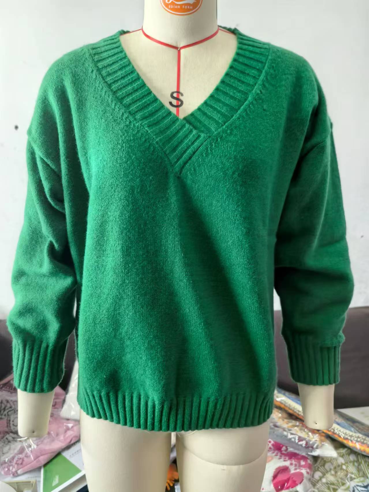Solid V-neck Sweater Fashion Loose Long-sleeved Knitted Tops Autumn And Winter Women's Clothing - Fourth Pyramid USA