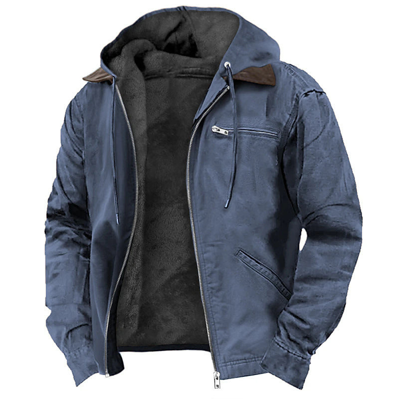Winter Hooded Coat With Pockets Fashion Warm Fleece Zip-up Jacket Casual Outwear Men's Clothing - Fourth Pyramid USA