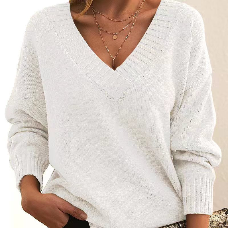 Solid V-neck Sweater Fashion Loose Long-sleeved Knitted Tops Autumn And Winter Women's Clothing - Fourth Pyramid USA