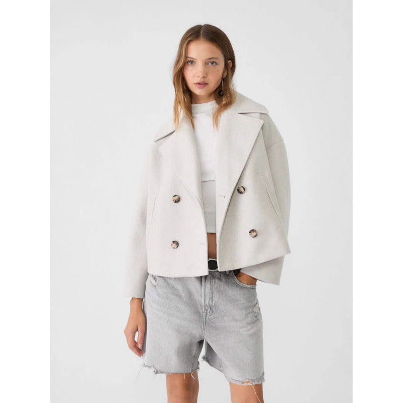Ins Double-breasted Lapel Blazer Jacket Fashion Loose Woolen Short Coat Elegant Commuting Women's Clothing - Fourth Pyramid USA