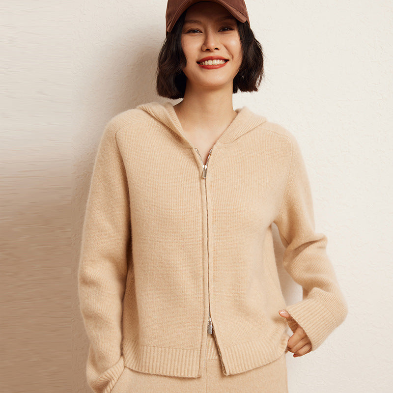 Women's Cashmere Hooded Zip Cardigan Sweater - Fourth Pyramid USA