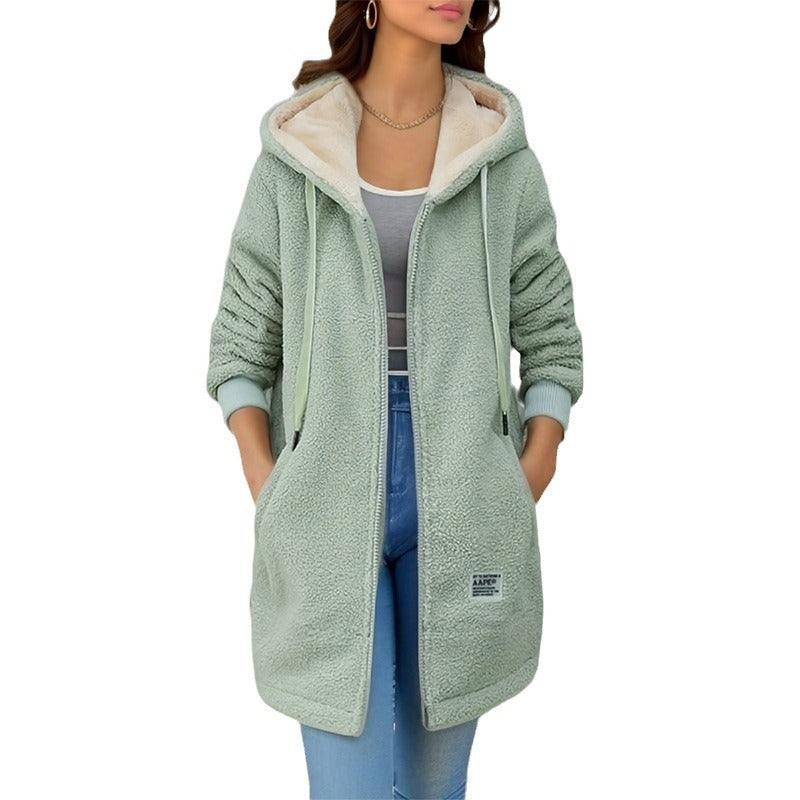 Winter Fleece Hooded Jacket Fashion Casual Zip-up Pockets Long Sweatshirt Warm Commuter Women's Clothing - Fourth Pyramid USA