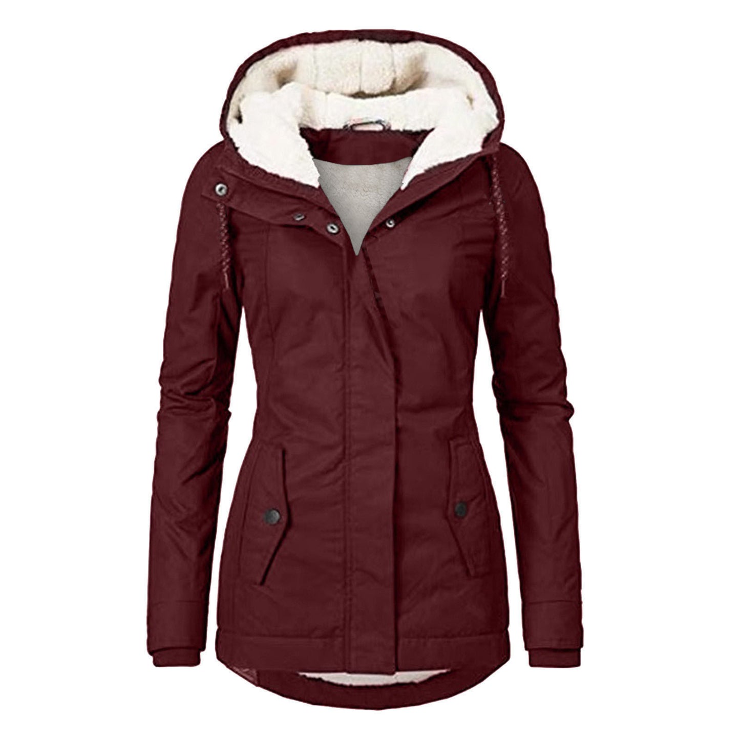 Winter Hooded Jacket Solid Color Warm Buckle Zip-up Fleece Jacket With Pockets Women's Casual Jacket - Fourth Pyramid USA