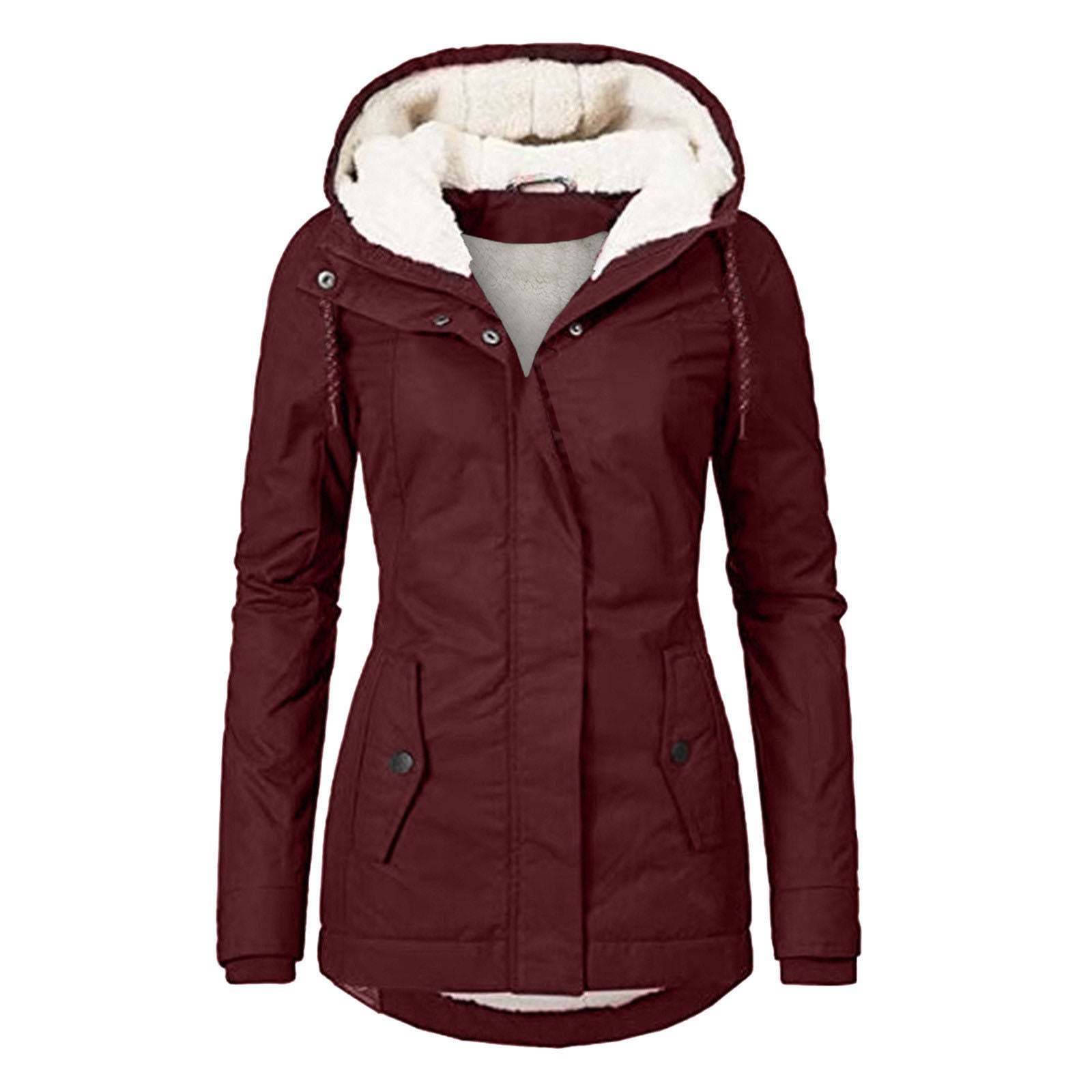Winter Hooded Jacket Solid Color Warm Buckle Zip-up Fleece Jacket With Pockets Women's Casual Jacket - Fourth Pyramid USA