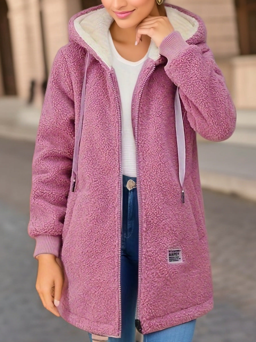 Winter Fleece Hooded Jacket Fashion Casual Zip-up Pockets Long Sweatshirt Warm Commuter Women's Clothing - Fourth Pyramid USA