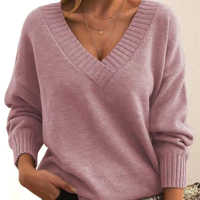 Solid V-neck Sweater Fashion Loose Long-sleeved Knitted Tops Autumn And Winter Women's Clothing - Fourth Pyramid USA