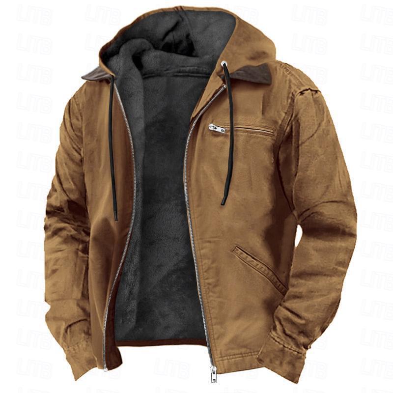 Winter Hooded Coat With Pockets Fashion Warm Fleece Zip-up Jacket Casual Outwear Men's Clothing - Fourth Pyramid USA